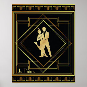 Je T'aime French Art Deco Black and Gold 20s Poster