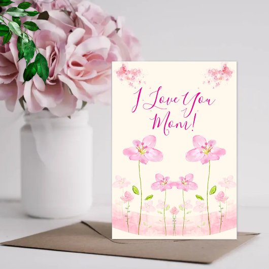 Je t'aime Maman Fleurs roses Carte de vœux