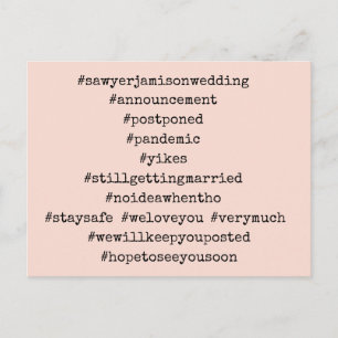 Je top 12 Hashtags Blush Pink Postponed Wedding Briefkaart