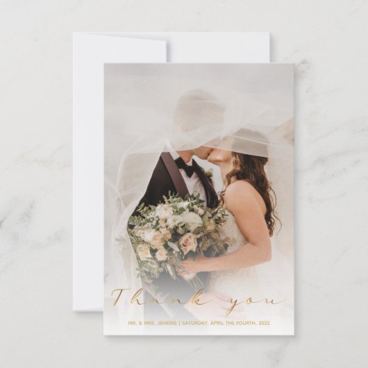 Je trouwfoto, gouden script, bedankt kaart (Voorkant)