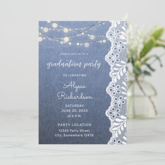 Jean Lace & String Lights Graduation Party Kaart (Staand voorkant)