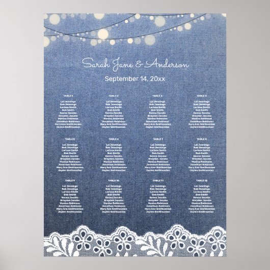 Jeans, Lace, String Lights Wedding Seating Chart Poster (Voorkant)