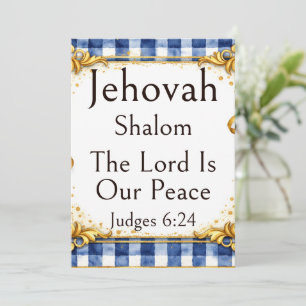 Jehovah Shalom, Gingham Blauw Wit Goud Whimsical Kaart