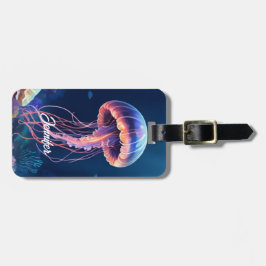 Jellyfish Art, White Script Name, Contact Info Bagagelabel