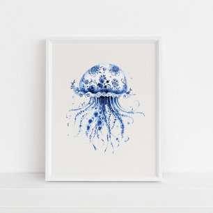 Jellyfish – Coastal Blue op Beige Wall Art Poster