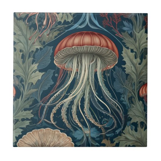 Jellyfish William Morris stijl Zee Ocean Life Tegeltje (Voorkant)