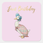 Jemima Puddle Duck "First Birthday" Tekst Vierkante Sticker (Voorkant)