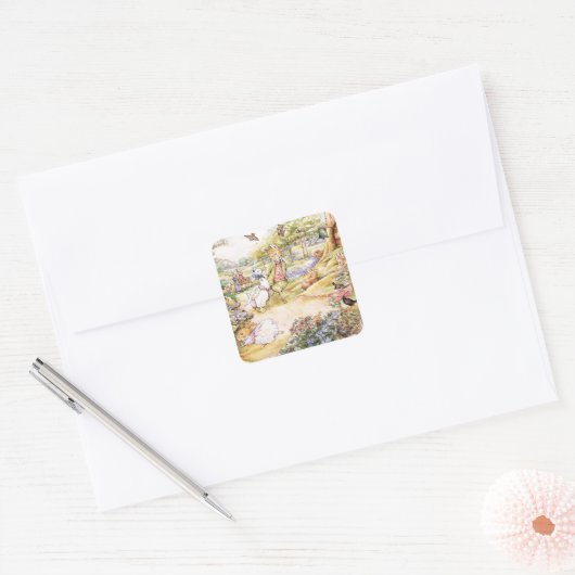 Jemima Puddle Duck loopt met Fox Vierkante Sticker (Envelop)
