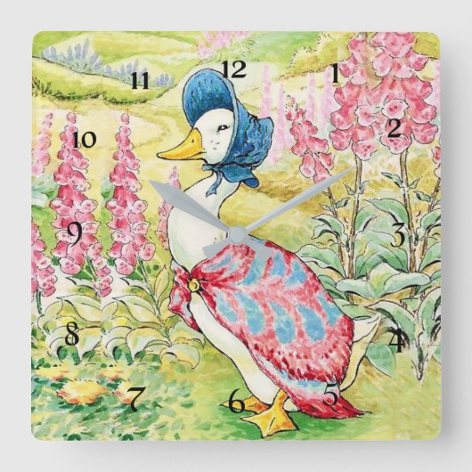 "Jemima Pudle Duck" by Beatrix Potter Vierkante Klok (Voorkant)