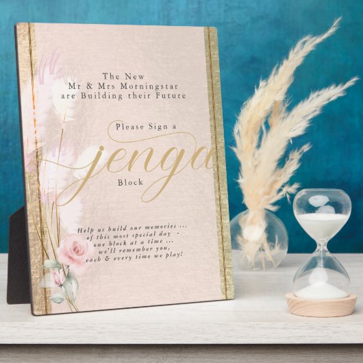 Jenga Block Blush Rose Gold et Pampas Grass Plaque (Côté)