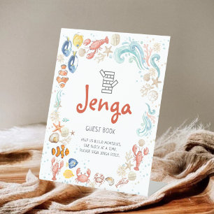 Jenga-gastenboek Kust Oceaan Strand Bruidsdouche Reclamebord Met Voetstuk
