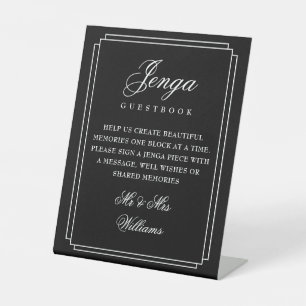 Jenga-gastenboek zwart-wit art deco reclamebord met voetstuk
