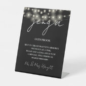Jenga Guestbook Zwart-wit String Lights Reclamebord Met Voetstuk (Voorkant)
