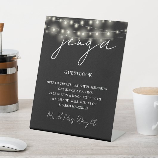 Jenga Guestbook Zwart-wit String Lights Reclamebord Met Voetstuk (Insitu)