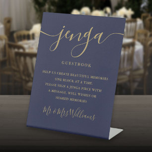 Jenga Huwelijksgastenboek Script Navyblauw En Goud Reclamebord Met Voetstuk