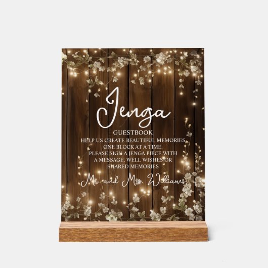 Jenga Wedding Guestbook String Lights Hout Acryl Bord (Voorkant)