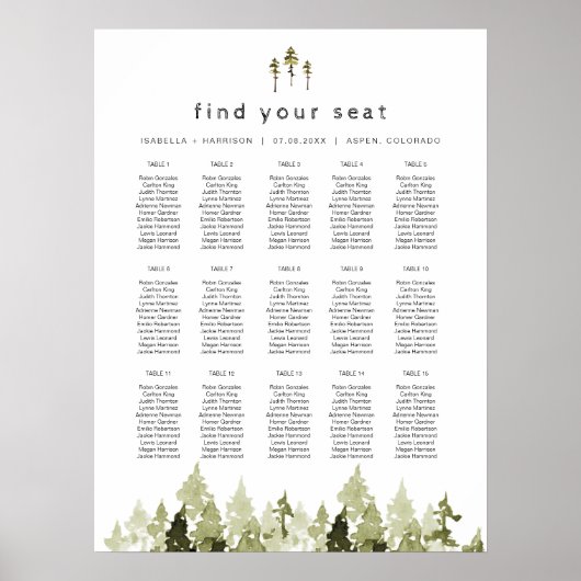 JENNA Rustic Waterverf Pine Tree Seating Chart Poster (Voorkant)