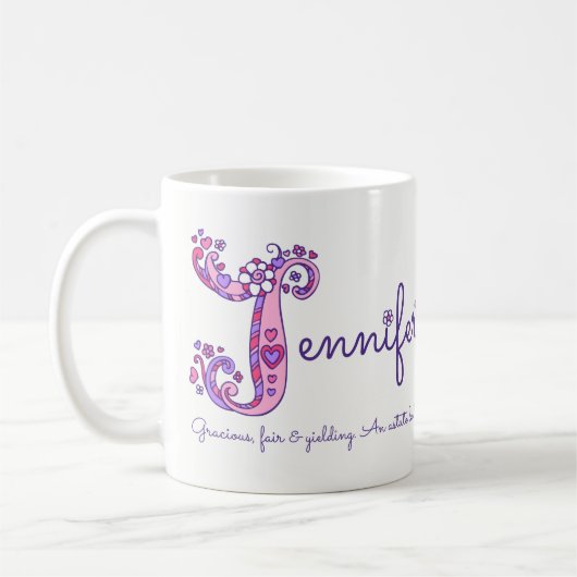 Jennifer-naam die decoratieve J-monogram-mok betek Koffiemok (Links)