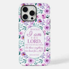 Jeremia 32:27 met paarse bloemen achtergrond iPhone 15 pro max hoesje