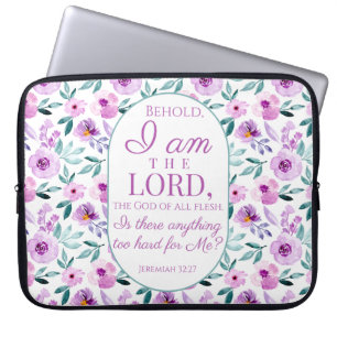 Jeremia 32:27 met paarse bloemen achtergrond laptop sleeve