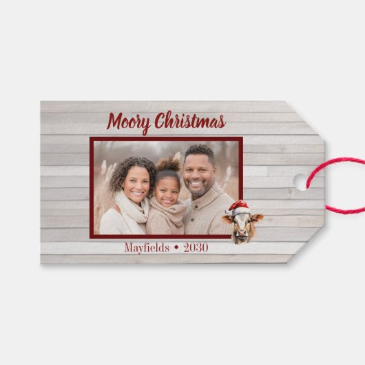 Jersey Koe, Schuur Hout, Foto "Moory Christmas" Cadeaulabel (Voorkant (Horizontaal))
