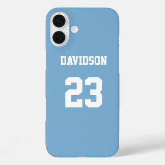 Jersey naam nummer licht blauw wit op maat iPhone 16 plus hoesje