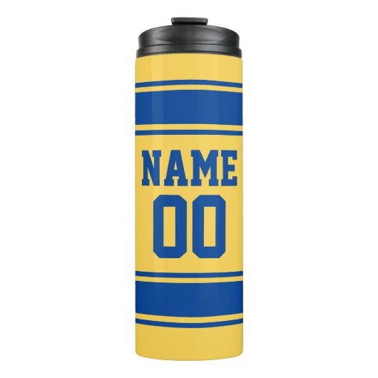 Jersey Style Yellow & Blue Custom Name and Number Thermosbeker (Voorkant)
