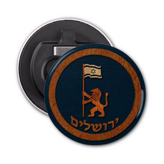 Jerusalem-dag-leeuw met vlag button flesopener (Voorkant)