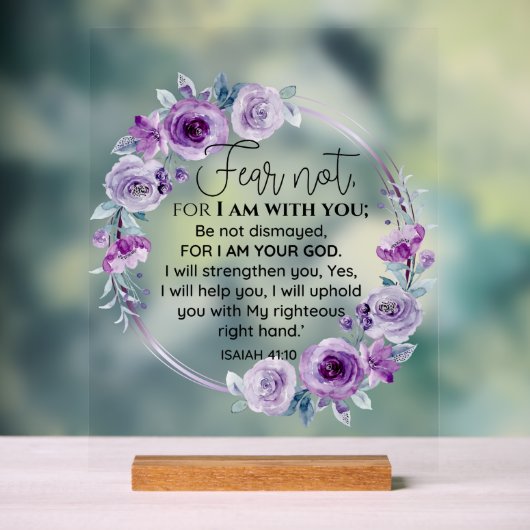Jesaja 41:10 Vrees niet Paarse Bloemen Schrift Acryl Bord (Neutraal)