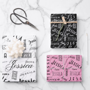 Jessica Aangepaste Naam Roze Zwart Wit Inpakpapier Vel