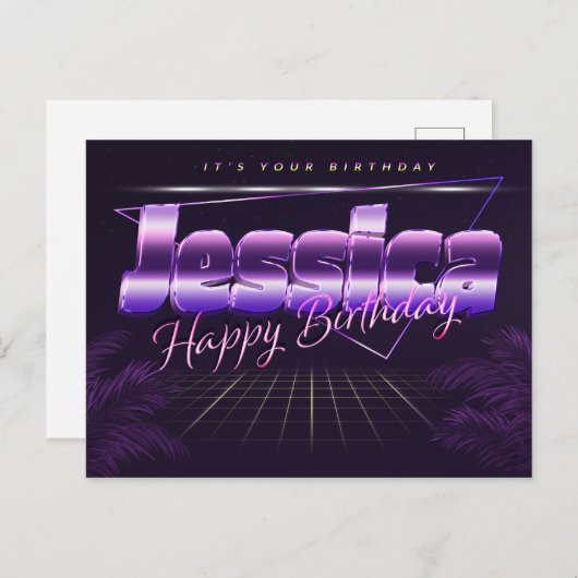 Jessica prénom carte postale violet anniversaire (Devant / Derrière)
