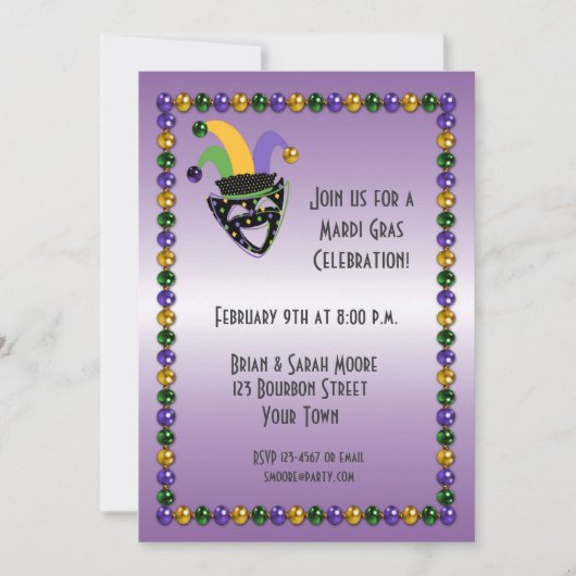 Jester, Beads, Mardi Gras Party Invitation (Devant)