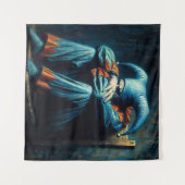 Jester draagt blauw zittend in de stoel wandkleed (Voorkant (horizontaal))