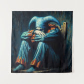 Jester draagt blauw zittend in de stoel wandkleed (Voorkant)