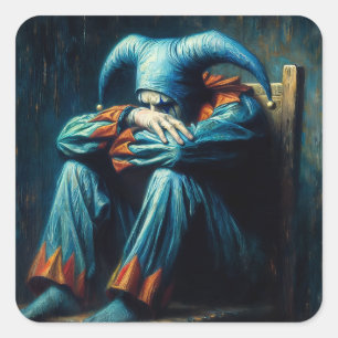 Jester in wanhoop draagt blauw vierkante sticker