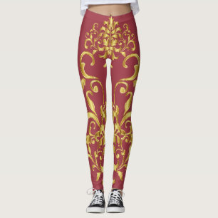 Jester Red met Gold Damask Pattern Athletic Leggings
