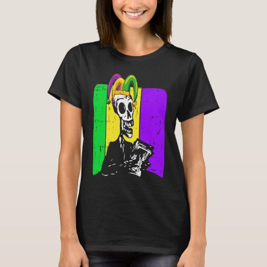Jester Skeleton Reading Book Mardi Gras Reader Boo T-shirt (Voorkant)