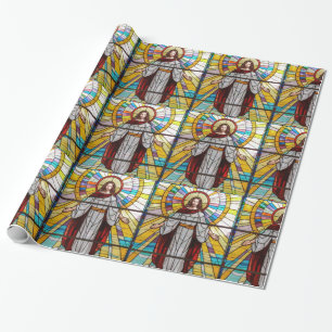 Jesus Arms Open kleurrijk Glas in lood achter hem Cadeaupapier