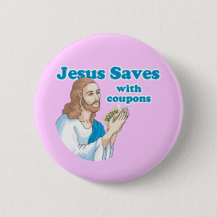 JESUS BESPAART MET COUPONS RONDE BUTTON 5,7 CM