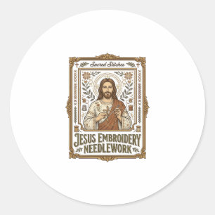Jesus Borduurwerk Jesus Borduurnaaldwerk Ronde Sticker
