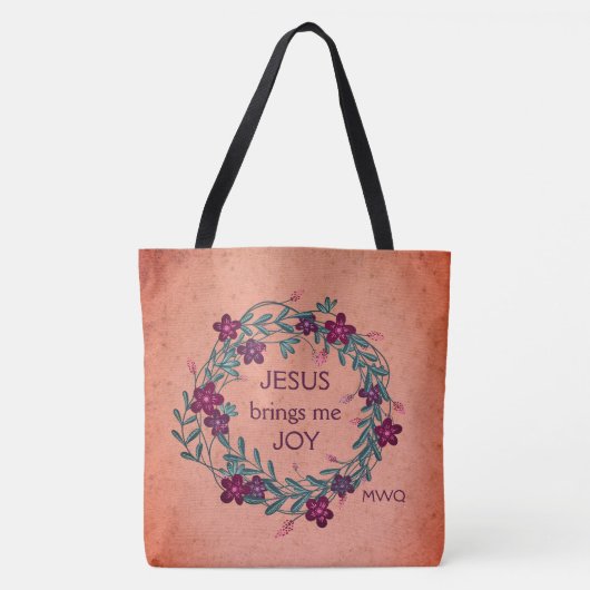 JESUS BRENGT ME JOY Peach Floral Monogram Draagtas (Voorkant)