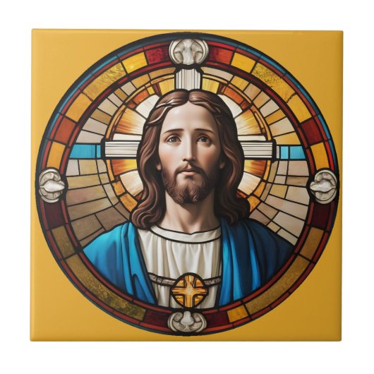 Jesus Christ Circulaire Faux Glas in lood Circle Tegeltje (Voorkant)