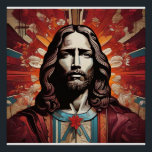 Jésus Christ en Pop Art et Art Déco<br><div class="desc">Ce magnifique portrait de Jésus mêle harmonieusement les éléments Art Déco et Pop Art, avec une riche palette rouge vin foncé qui respire à la fois la grâce et la majesté. La silhouette robuste de Jésus est accentuée par des lignes d'encre audacieuses, véhiculant force et sérénité, tandis que des détails...</div>