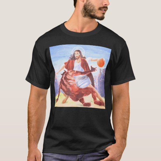 Jesus Crossing up the Devil Grappig Christelijk T-shirt (Voorkant)