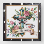Jesus Cup Bloemenkruis Vierkante Klok (Voorkant)