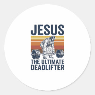 Jesus De Ultieme Deadlifter Vintage Gym T-shirt_1 Ronde Sticker