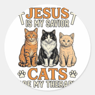 Jesus En Katten Zijn Mijn Therapie Vintage Katten Ronde Sticker