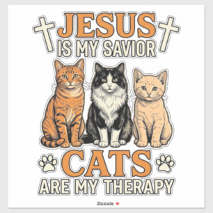 Jesus en katten zijn mijn therapie vintage katten sticker