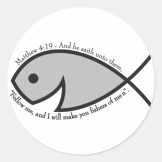Jesus fish BW Matthew 4 19.png Ronde Sticker