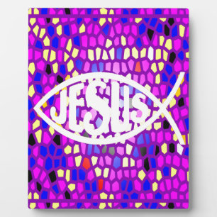 JESUS FISH ICHTHYS GLAS IN LOOD VENSTER PAARSE FOTOPLAAT